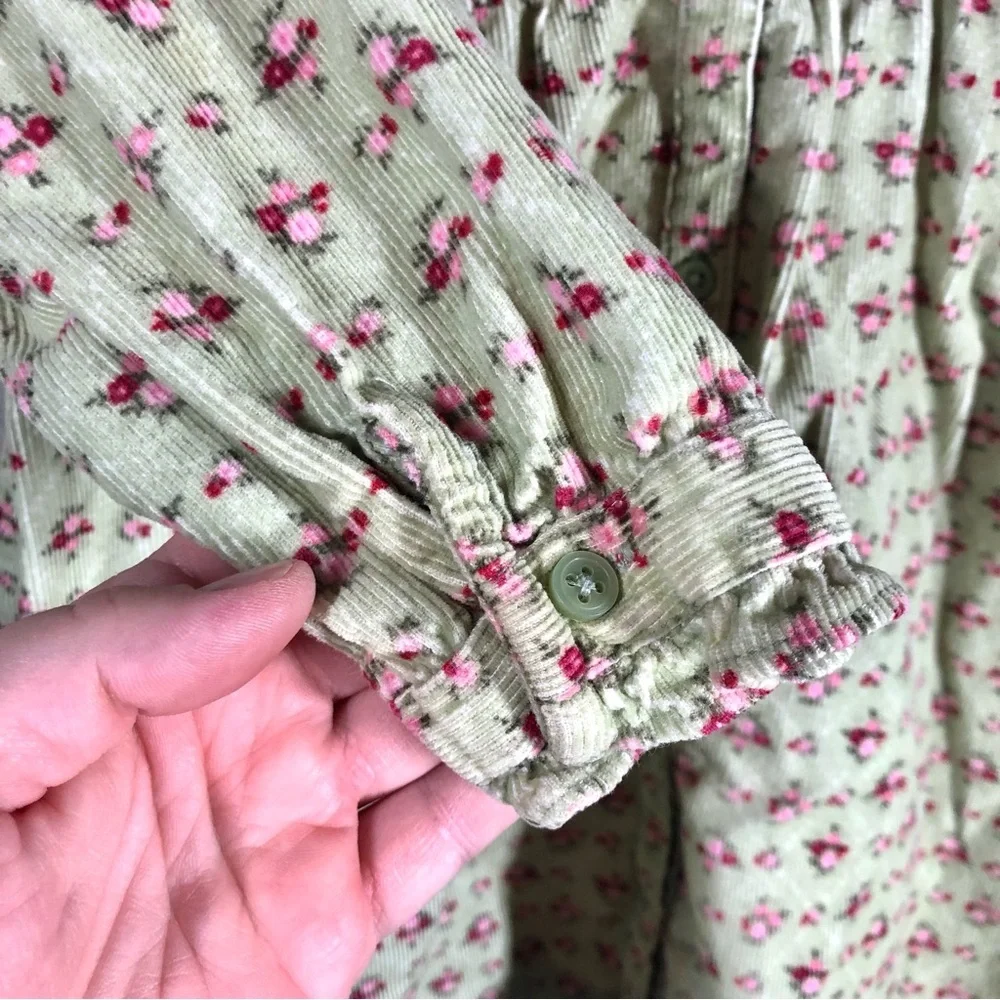 Vintage Style Floral Corduroy Dress Kids‎ 7 Green Pink Ruffles Prairie Cottage
